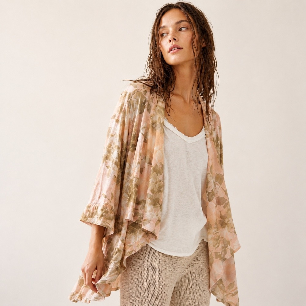Floral Draped Cardigan Jacket Womens 20W Pink Linen Blend Boho‎ Chic Summer